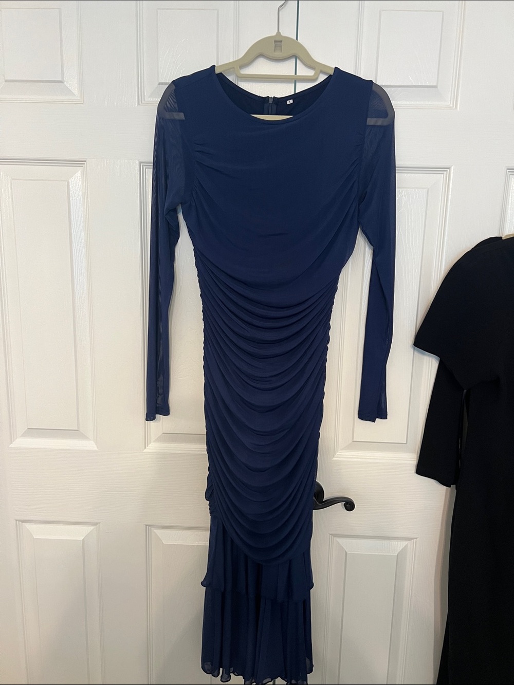 Long-Sleeve Navy Ruched Midi Dress with Sheer Accents